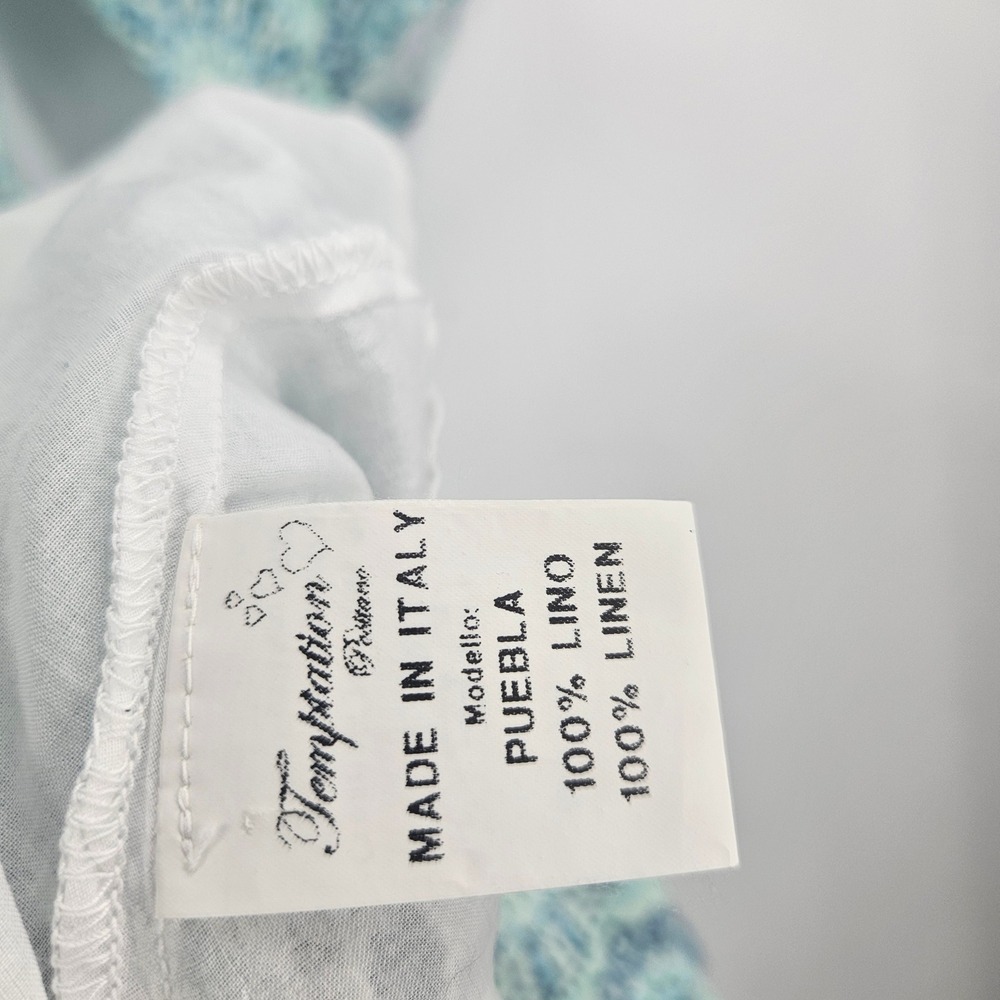 Temptation Positano Puebla Linen Dress Green Blue Medallion Lace Trim Mini Sz S - Picture 2 of 13